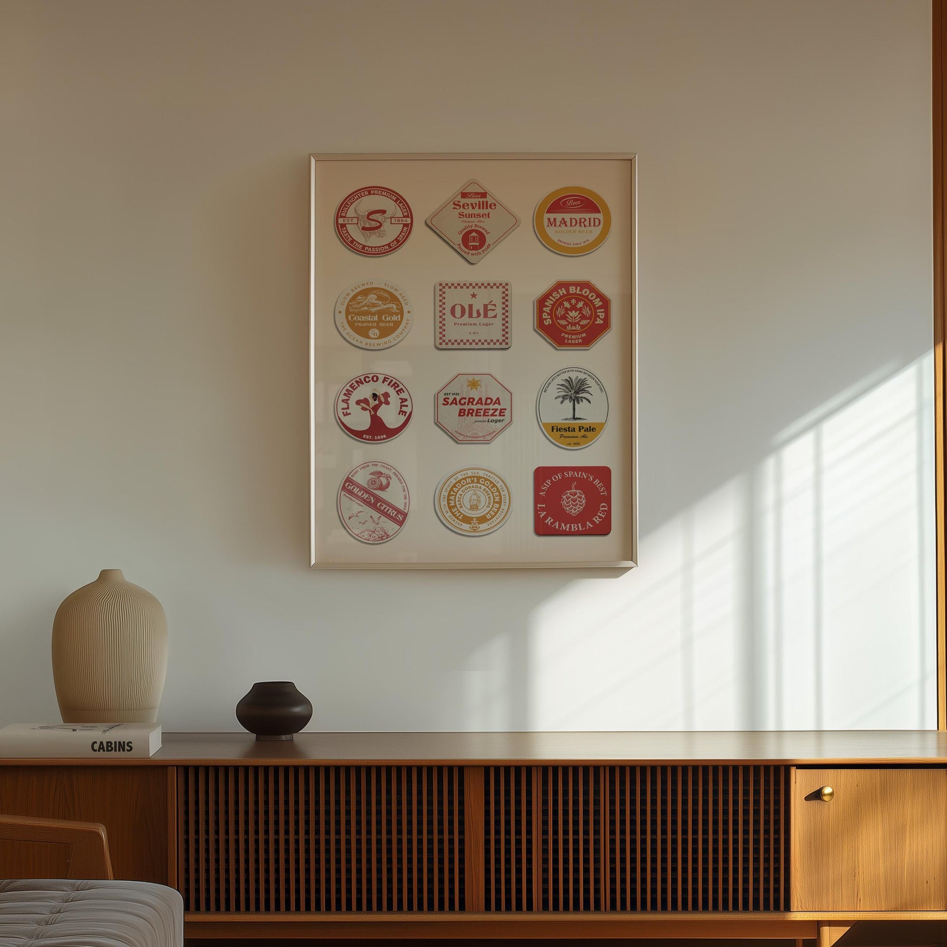 Spain beer mat poster with iconic cities Madrid, Barcelona, Alhambra, plus beer traditions, perfect pub gift for travellers.