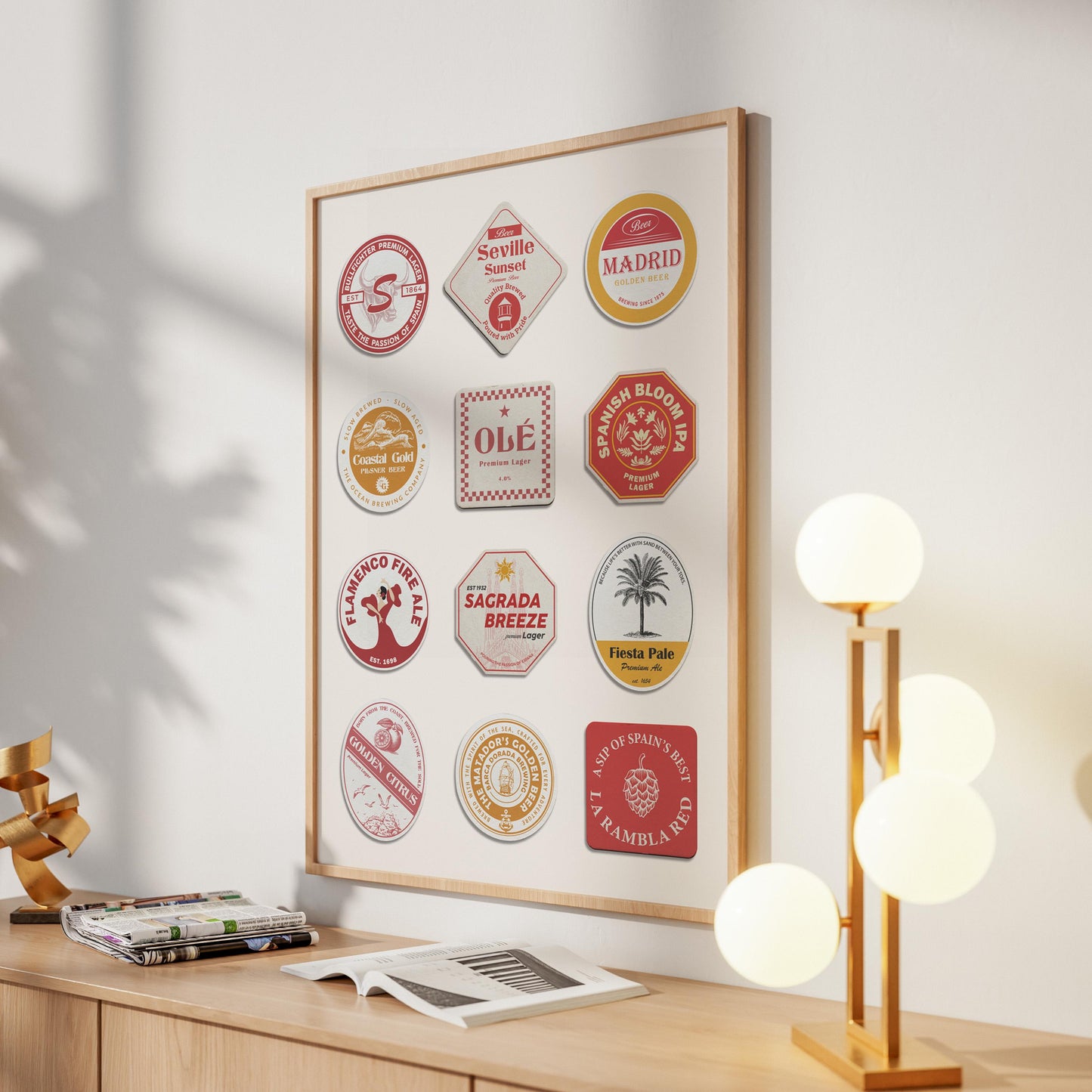 Spanish beer coaster poster featuring Madrid, Barcelona, Seville, Alhambra, flamenco, ideal gift for pub and beer lovers