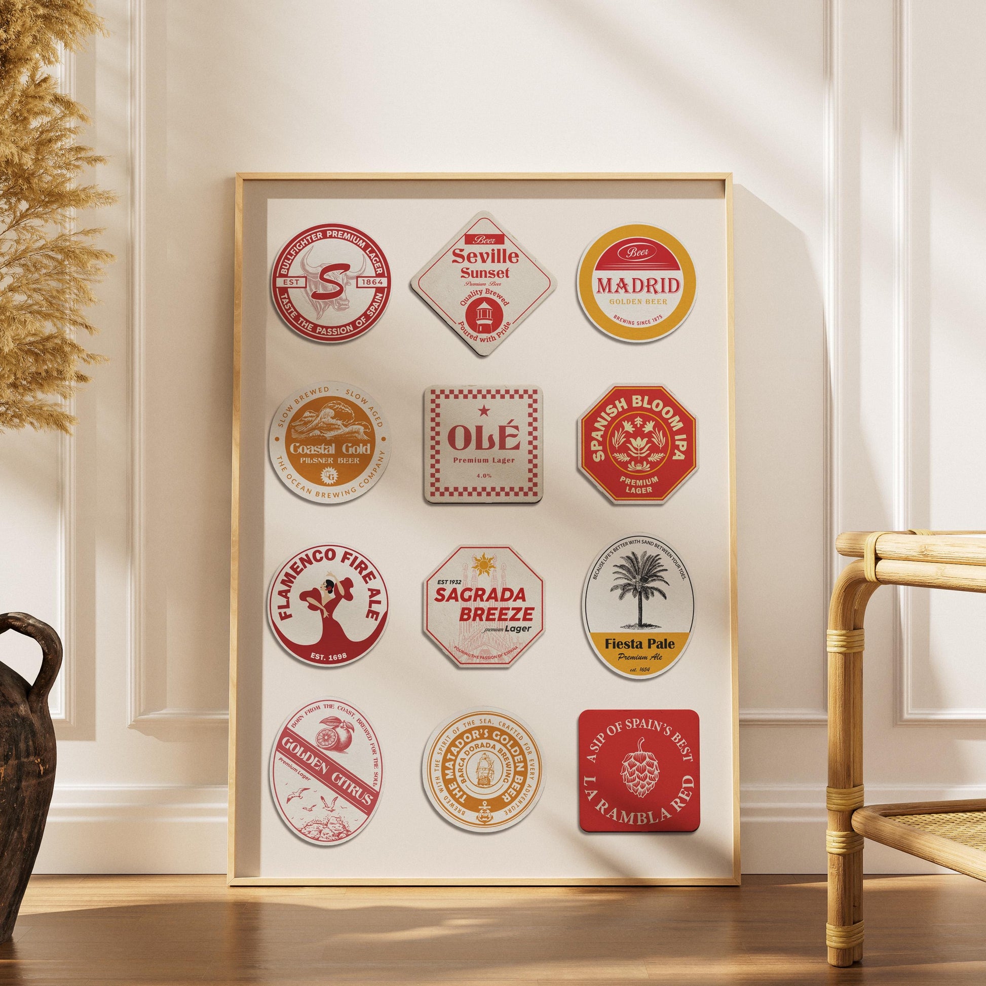 Spain travel beer mat printable file with Madrid, Barcelona landmarks, ideal pub beer gift for travellers and holidays.