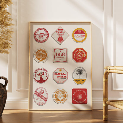 Spain travel beer mat printable file with Madrid, Barcelona landmarks, ideal pub beer gift for travellers and holidays.