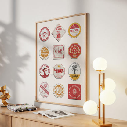 Digital Spanish coaster poster printable with landmarks and beer culture. Ideal gift for pub and holiday décor.
