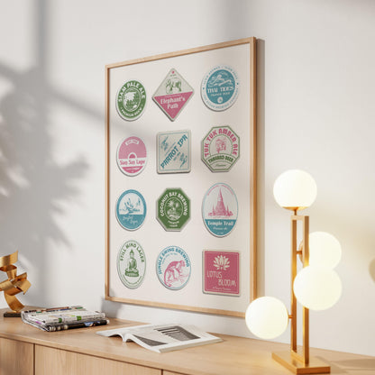Framed Thai pub coaster wall art with Bangkok temples and floating markets, great for living room or office décor.