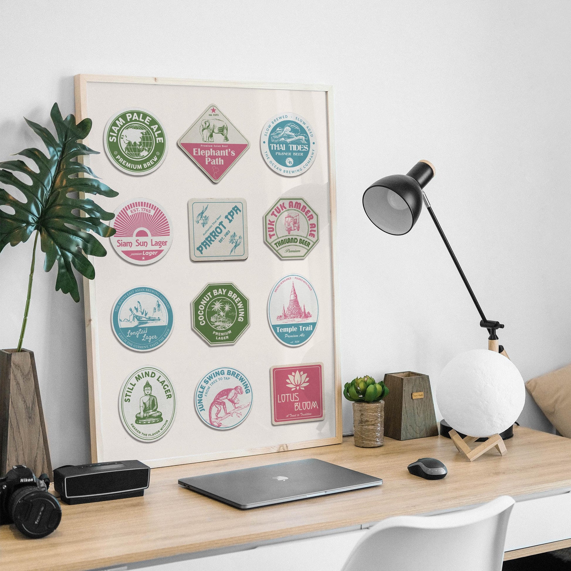 Framed asia traveller coaster print with Phuket beaches and historic Ayutthaya, perfect for kitchen or bar area.