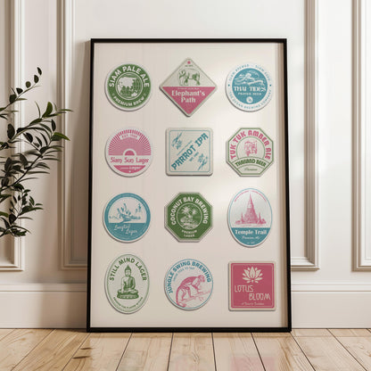 Printable Thai travel pub art with floating markets and temples, great digital gift for travellers and beer fans.