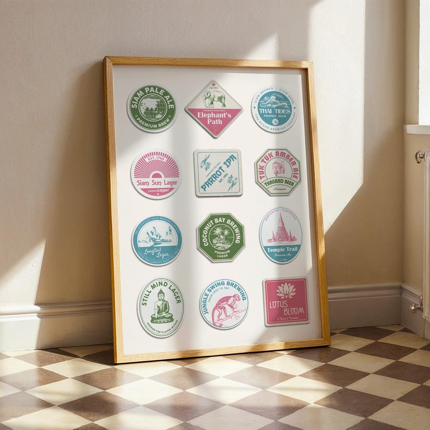 Thailand beer mat framed poster showing iconic cities and beer traditions. Great gift for travellers and pubs.