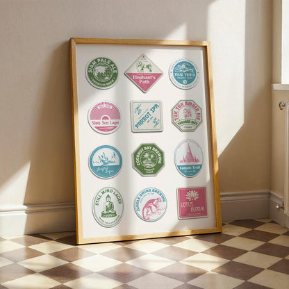 Thailand beer mat framed poster showing iconic cities and beer traditions. Great gift for travellers and pubs.