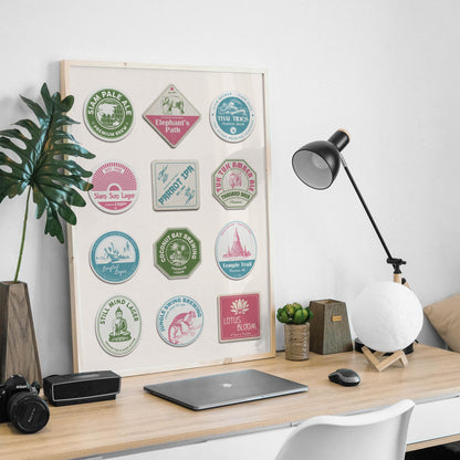 Digital printable Asia traveller print with Bangkok, Chiang Mai landmarks, perfect pub gift for travellers.