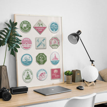 Digital printable Asia traveller print with Bangkok, Chiang Mai landmarks, perfect pub gift for travellers.