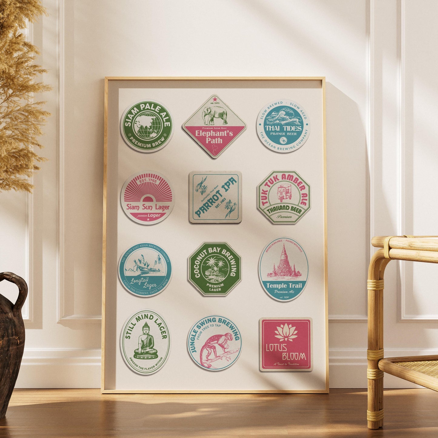 Framed Thai pub coaster print with Phuket beaches, Ayutthaya ruins, perfect for kitchen, bar, or living room wall.