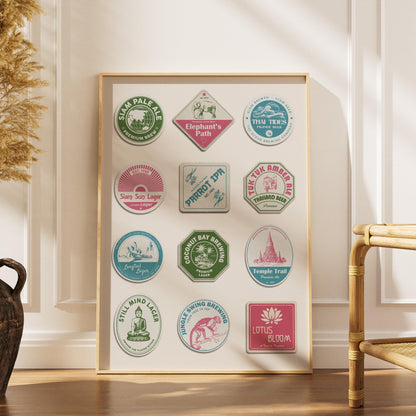 Framed Thai pub coaster print with Phuket beaches, Ayutthaya ruins, perfect for kitchen, bar, or living room wall.