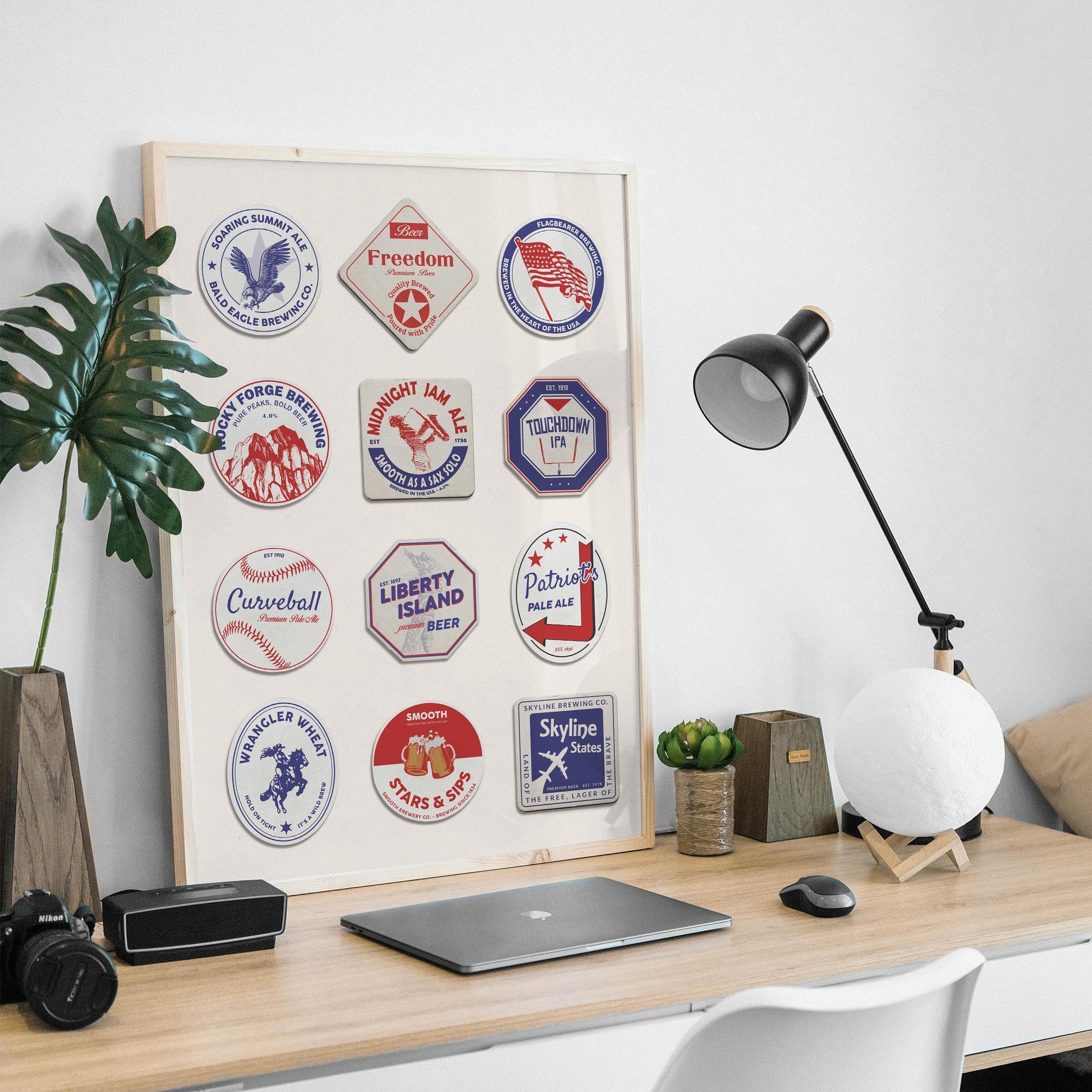 Framed USA travel pub mat print with Miami, Yellowstone landmarks, ideal for kitchen, office, or bar area.