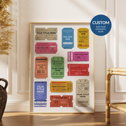 Framed vintage movie ticket print, customizable with up to 10 tickets, perfect nostalgic cinema memory gift.