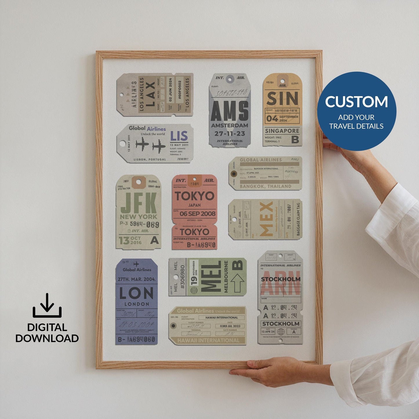 Printable vintage airport tag poster, digital download gift for travellers and flight-inspired holiday décor