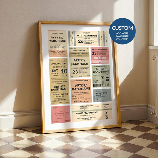 Custom concert ticket poster leaning on wall - bespoke stub art, personalised vintage print, nostalgic keepsake gift for music lovers.