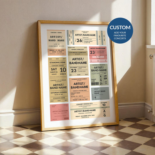 Custom concert ticket poster leaning on wall - bespoke stub art, personalised vintage print, nostalgic keepsake gift for music lovers.