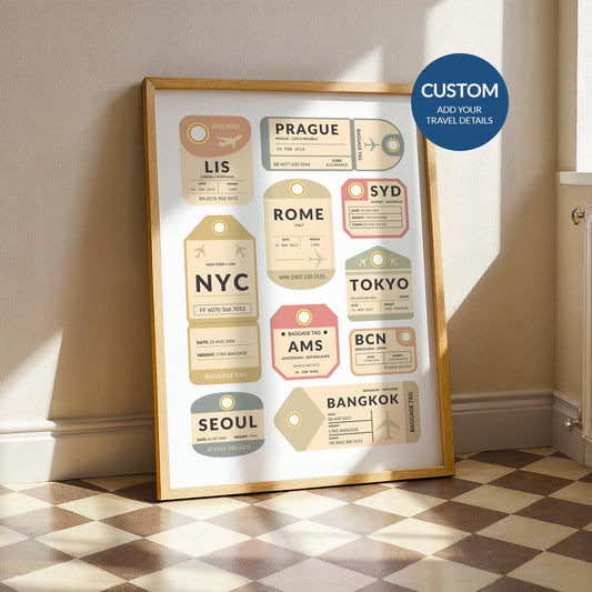 Framed vintage airport tag print leaning on shelf, perfect nostalgic gift for travel lovers and holiday memories.