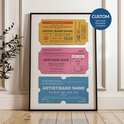 Framed festival poster with 3 personalised event stubs, leaning on a shelf, nostalgic music keepsake