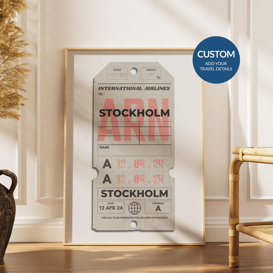 Framed beige airport style travel art, bespoke travel gift for holidays, flights, and nostalgic memories.