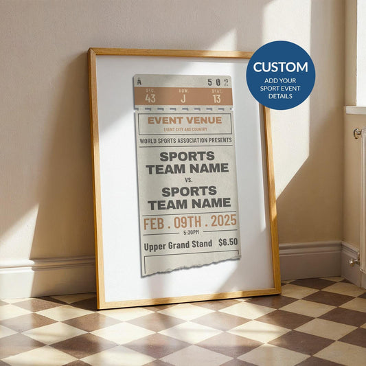 a vintage ticket stub inspired design for sports fans. framed art leaning on the wall