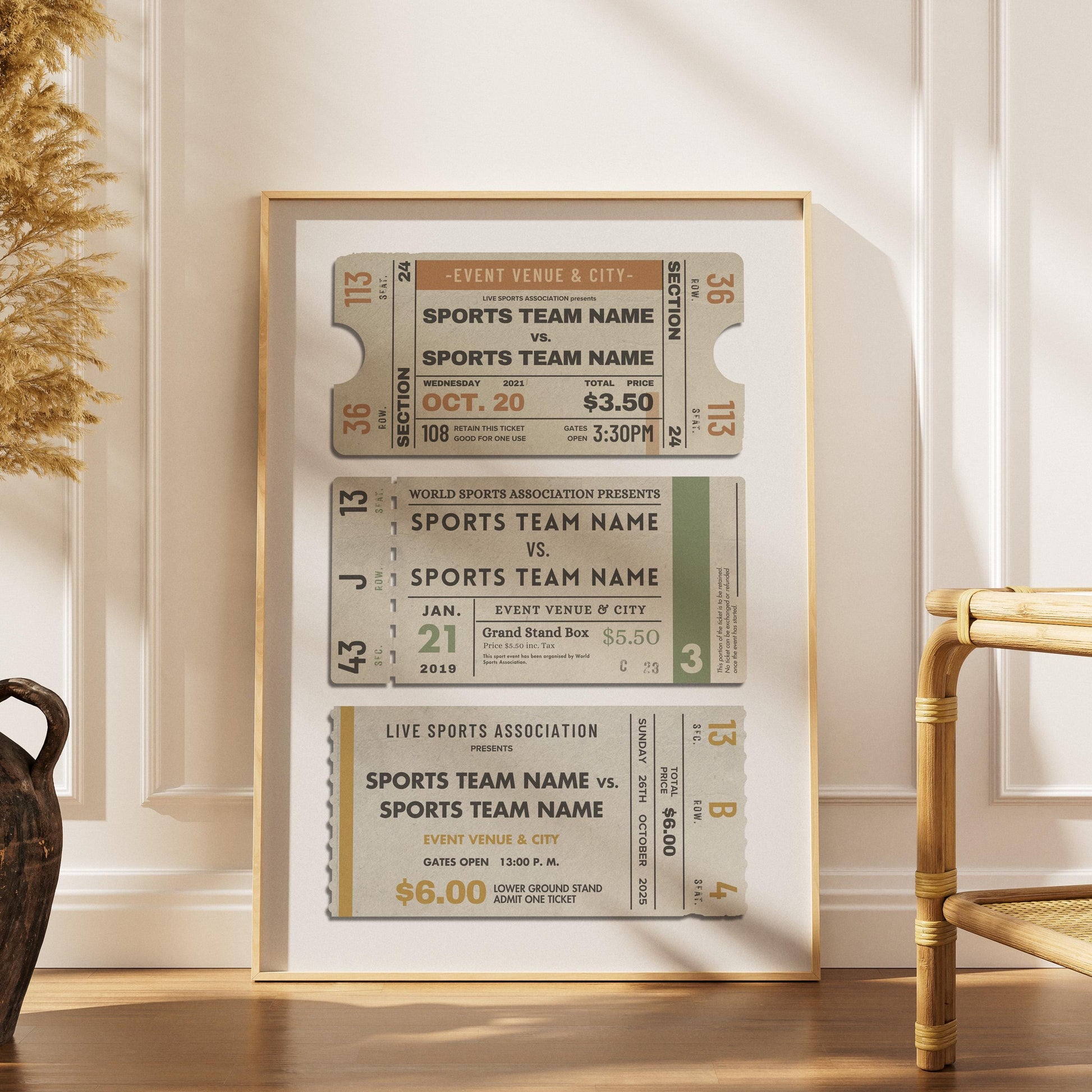 an example of a personalised football vent pass. In an oak frame leaning on a coffee table.