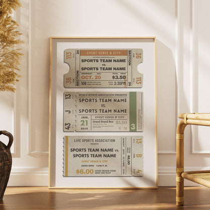 an example of a personalised football vent pass. In an oak frame leaning on a coffee table.