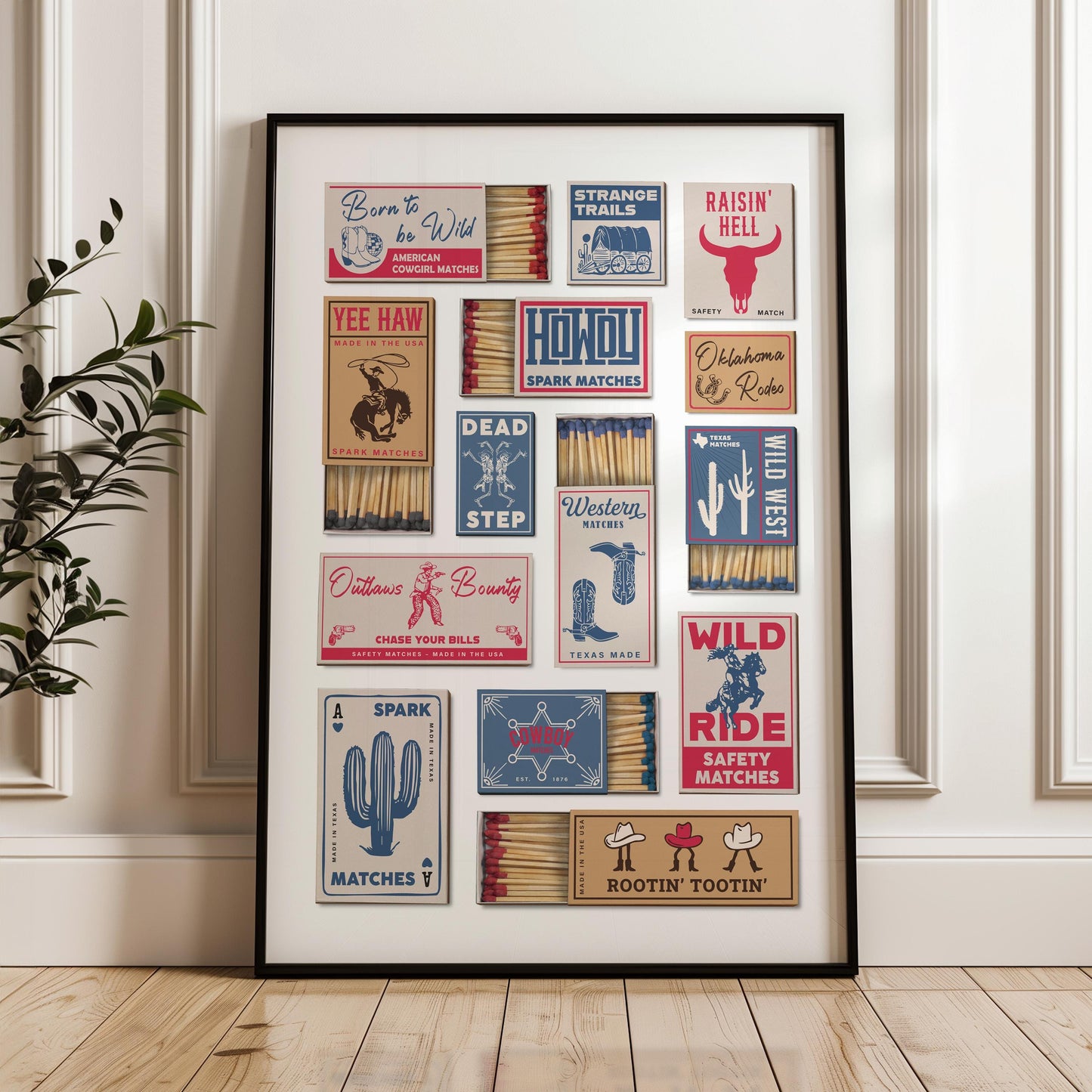 A  print displaying old school matchbox designs with a rodeo theme. The matchboxes feature text such as "strange trails" and "outlaws bounty," alongside illustrations of cowboys, cacti, and boots. The color scheme includes red, blue, and tan, evoking a retro aesthetic. An ideal gift for a boyfriend or men who are lovers of americana art.
