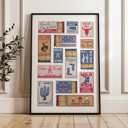 A  print displaying old school matchbox designs with a rodeo theme. The matchboxes feature text such as "strange trails" and "outlaws bounty," alongside illustrations of cowboys, cacti, and boots. The color scheme includes red, blue, and tan, evoking a retro aesthetic. An ideal gift for a boyfriend or men who are lovers of americana art.