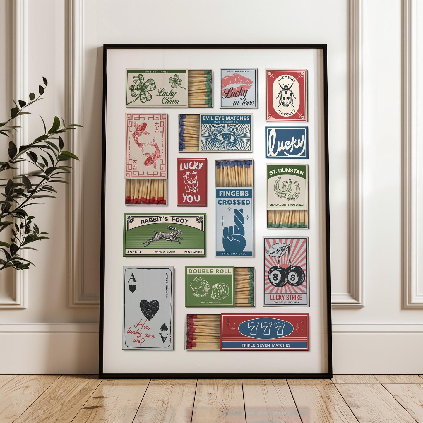 A poster displaying a collection of vintage matchbook designs. The matchboxes feature various lucky symbols and phrases, such as a four-leaf clover and the words "Lucky in Love". The designs are in various colours.