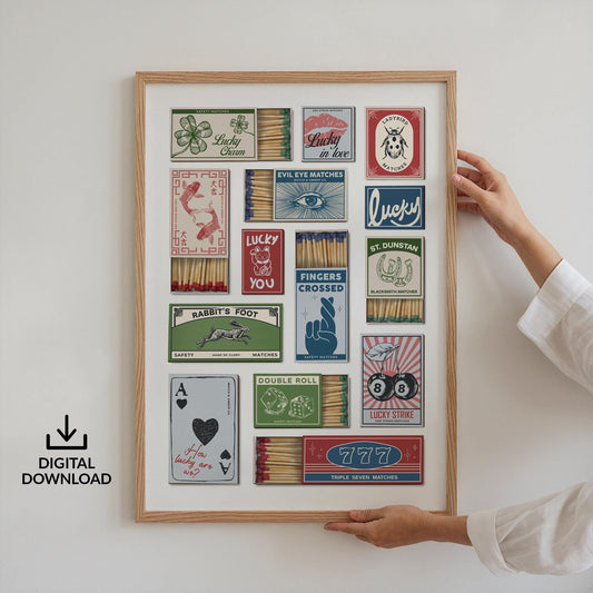 a bright colourful poster featuring various vintage matchbox designs with themes of lucky and good luck charm art.