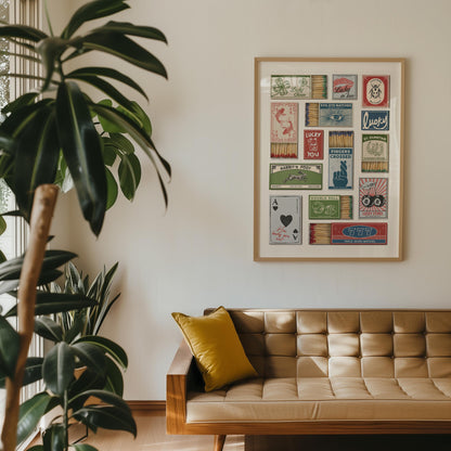 A home decor item displaying a collage of vintage matchbox designs with diverse graphics and text, such as "Lucky". The artwork hangs on a white wall above a mid-century sofa with a yellow cushion.