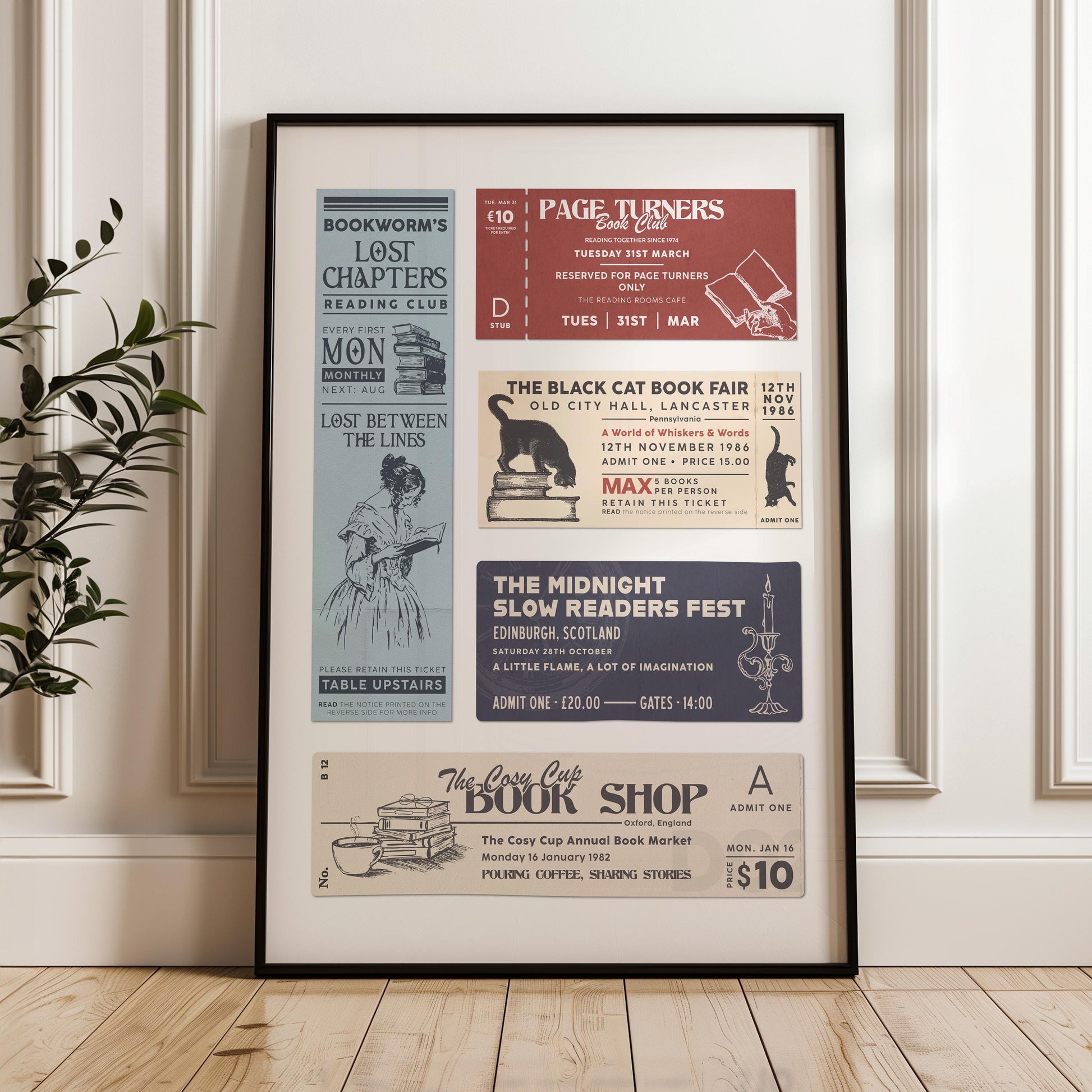 A wooden framed wall art displaying old school book social tickets. The posters feature various fonts and colours, including red, navy, and black.