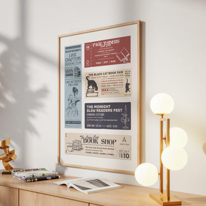 A book lovers art gift with vintage book club and book fair tickets, hung on a wall. A stack of books and a modern lamp are in front of the print.