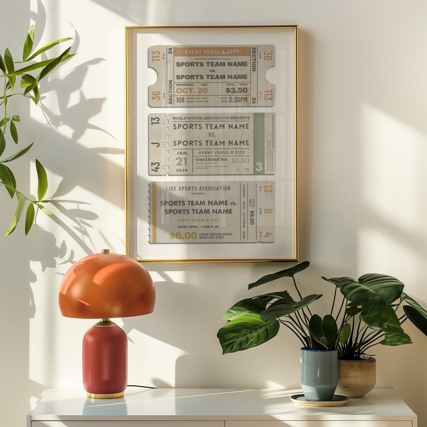 a large oak frame with our unique sports lover wall art hung on the wall in dining room.