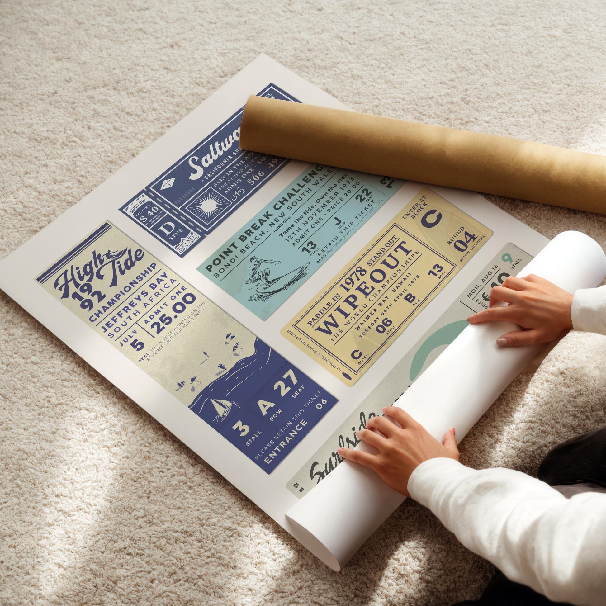 blue green and yellow ticket stub wall art with vintage images of tidals, coasts, shells and surfers.