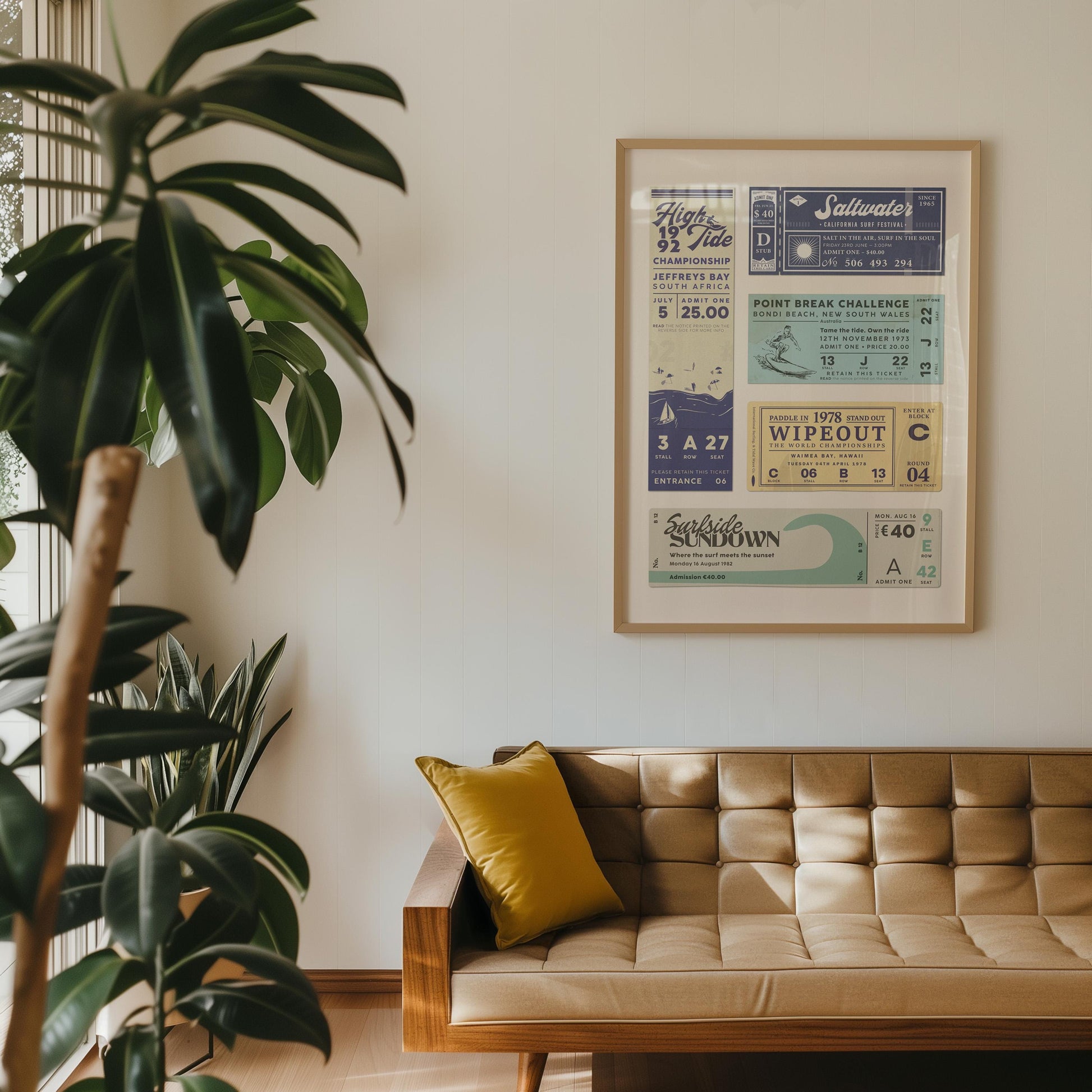 A retro flat interior in a living room with a large plant and sofa. A poster is on the wall featuring old school event stubs with titles such as "point break challenge" and "surfside sundown".