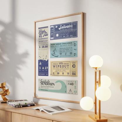 A bright modern home hallway with a ocean surfing old school stub print hung on the wall. A stylish lamp is also on the sideboard.