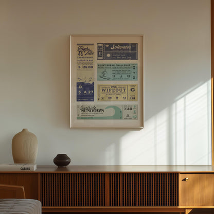 A retro style poster featuring motifs of surfing events, shells, coastal cowgirl style and surboard imagery. The art is above a dark wood vintage cabinet