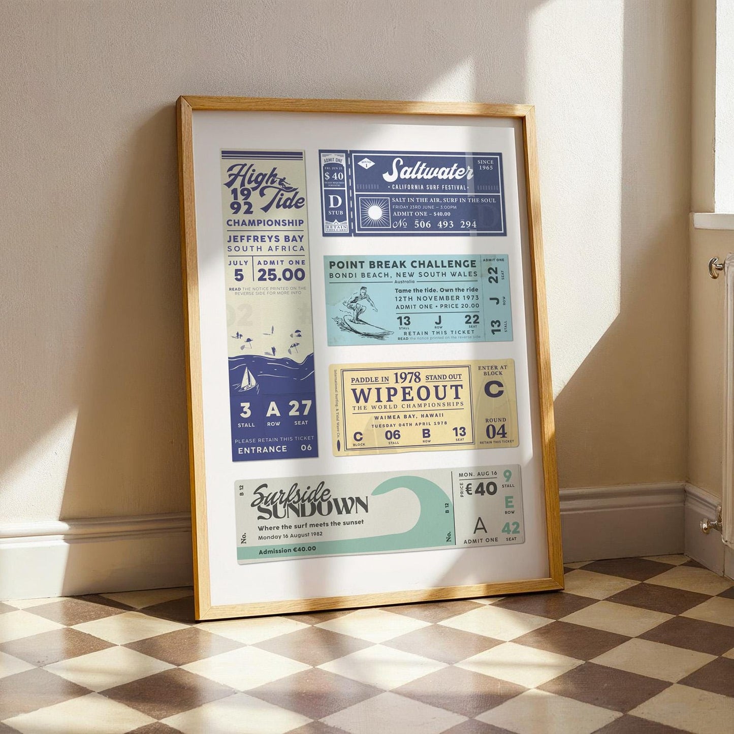 a bright vintage inspired printable art file for surfers and ocean fans in a rustic frame in a kitchen with white walls.