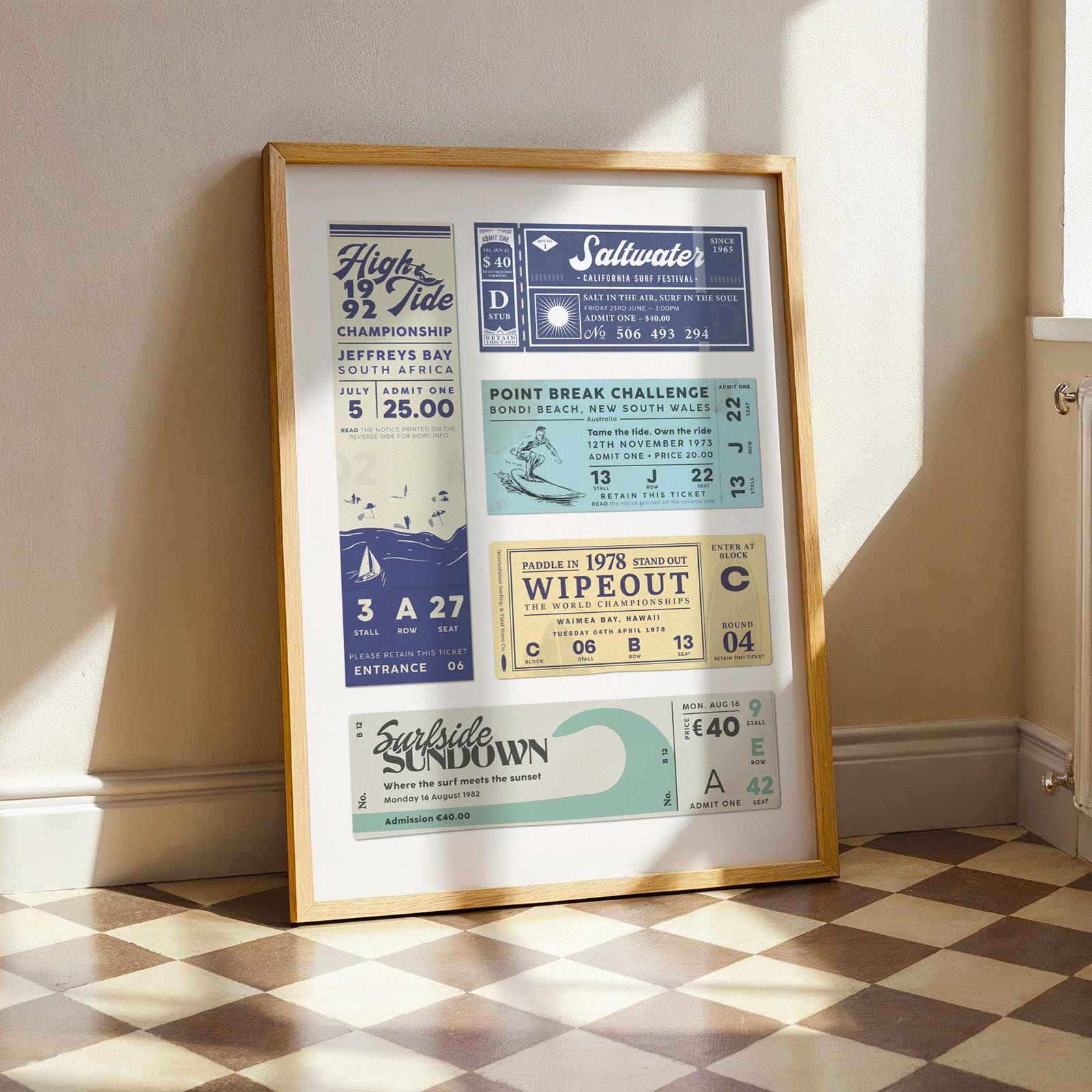a bright vintage inspired printable art file for surfers and ocean fans in a rustic frame in a kitchen with white walls.
