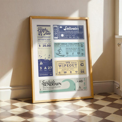 a bright vintage inspired printable art file for surfers and ocean fans in a rustic frame in a kitchen with white walls.