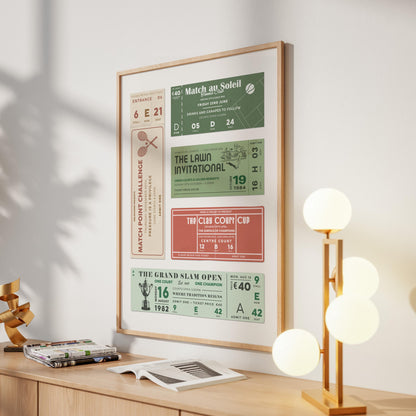 a sporty trendy poster made of retro tickets for lovers of luxury style. The print is on a modern wall above a wood cabinet.