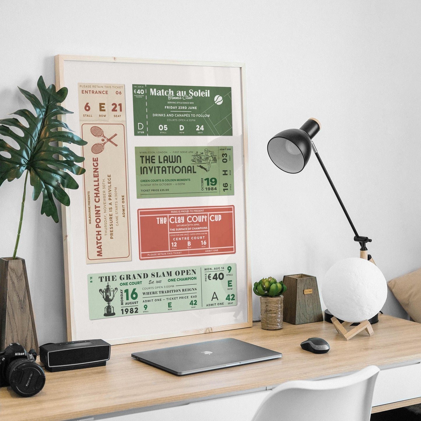 An old money style retro ticket stub poster leaning on a desk in a man cave or office space.