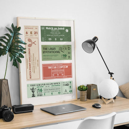 An old money style retro ticket stub poster leaning on a desk in a man cave or office space.