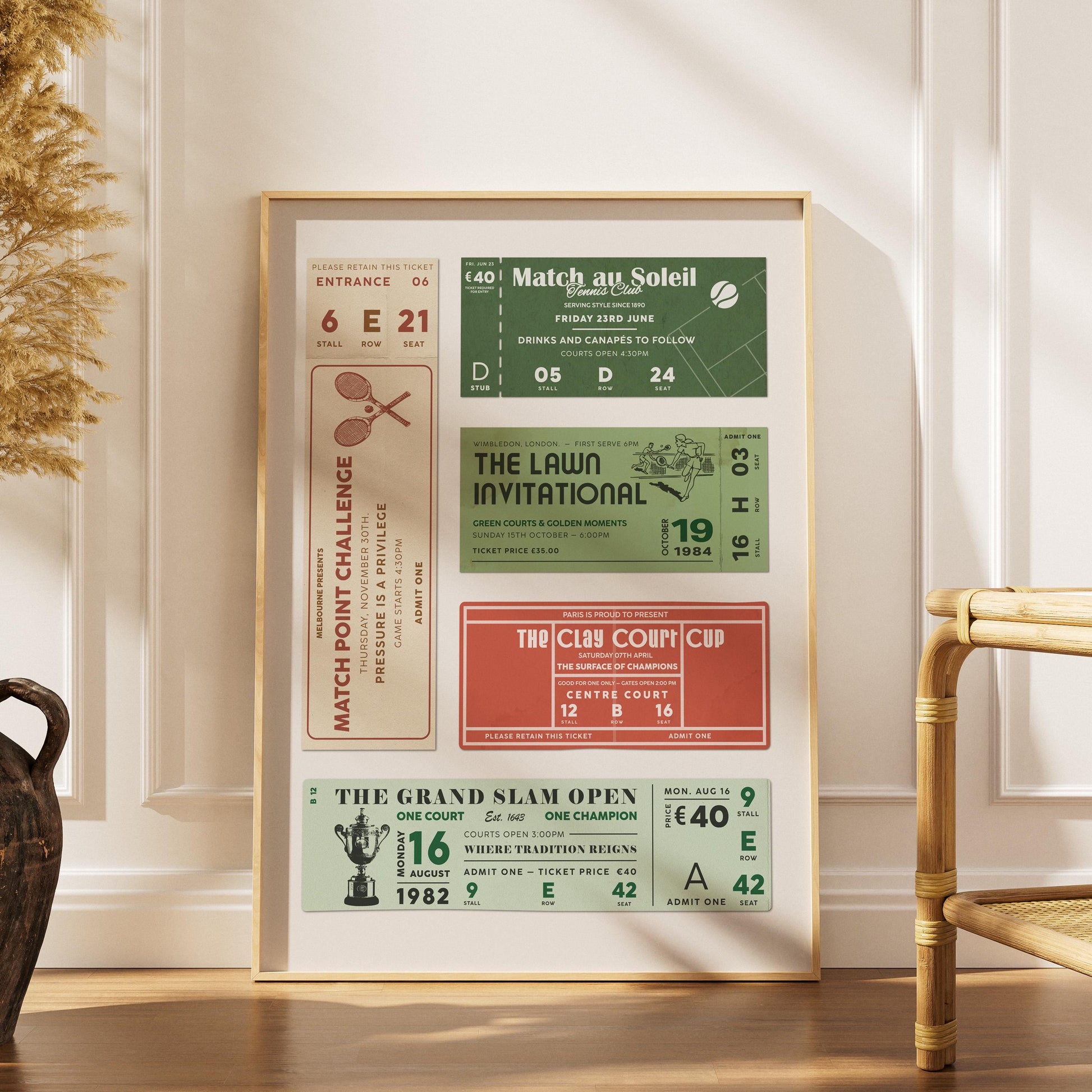 A retro style stub poster with tennis tournament themes on it. It included titles such as "The Grand Slam Open" and "The Lawn Invitation"