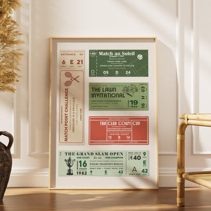 A retro style stub poster with tennis tournament themes on it. It included titles such as "The Grand Slam Open" and "The Lawn Invitation"