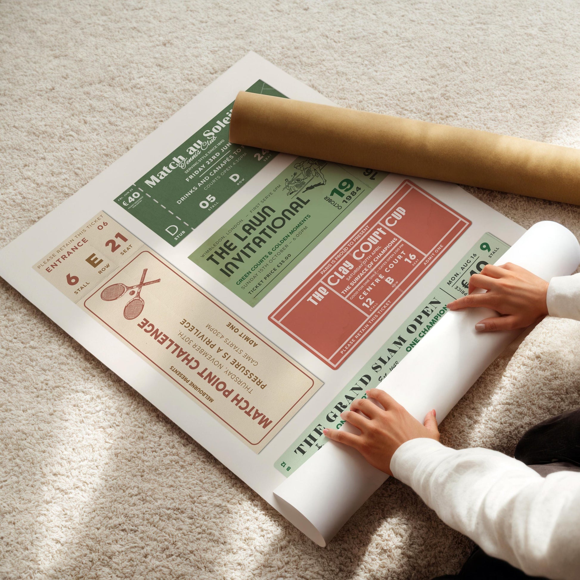 A trendy dopamine style print being rolled out on the carpet of a modern home. The print features posh and rich old money motif sport event invites and stubs.