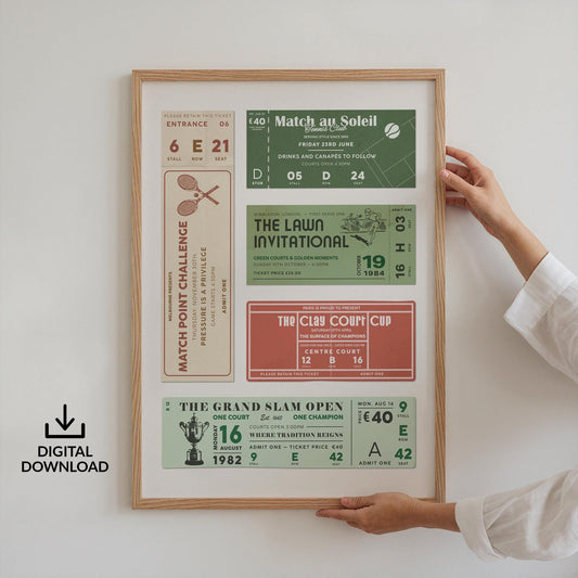 Someone holding up a framed print of Vintage tennis club ticket stubs ideal for sports lovers.
