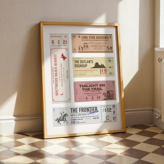 wood frame A4 art leaning on a hallway wall. It features ticket stubs for rodeo western events in a yellow, red, grey, vintage style print.