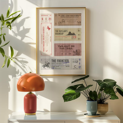 An american ranch home decor piece framed in oak on a wall with a orange lamp and potted plant visible below.