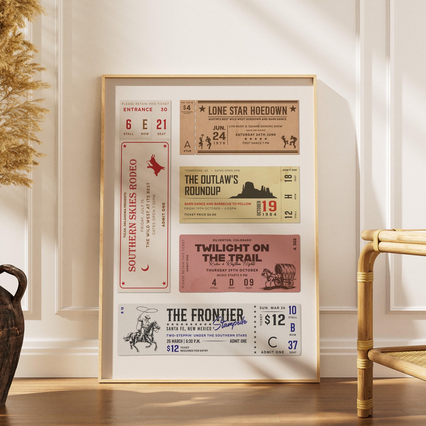 Large A2 Framed wall art in living room. A western southern style poster featuring stub titles such as "The Frontier" and "Twilight On The Trail".